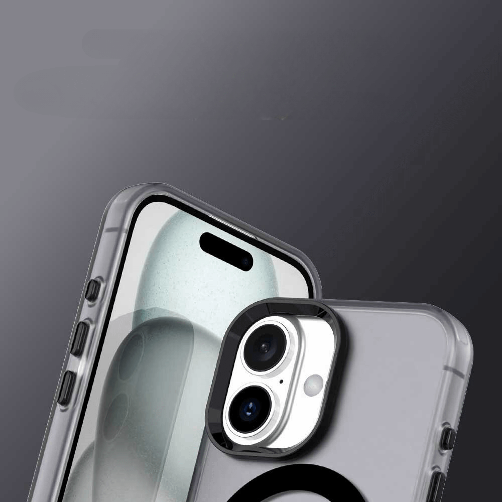 Nahaufnahme der Cover-Discount iPhone 17 - Acryl-Handyhülle mit Magnet und Farbakzent, einer transparenten Schutzhülle, die zwei rückseitige Kameras vor einem dunklen Hintergrund hervorhebt.
