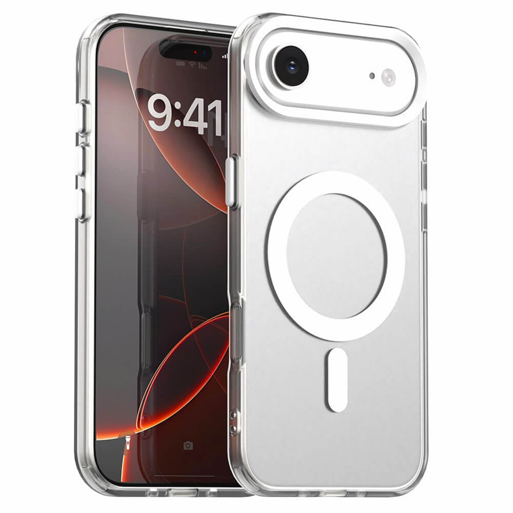 #farbe_weiss|Cover-Discount iPhone 17 Air - Acryl-Handyhülle mit Magnet und Farbakzent, präsentiert auf Smartphone mit dunklem Display; MagSafe-Ring auf der Rückseite ermöglicht kabelloses Laden.