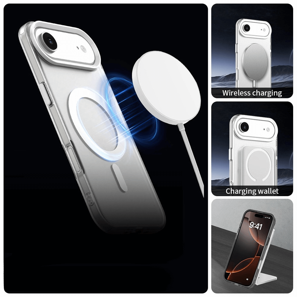 #farbe_weiss|Cover-Discount iPhone 17 Air - Acryl-Handyhülle mit Magnet und Farbakzent: MagSafe kompatibel, kabelloses Laden, kabelloses Ladegerät & Ladeschutzhülle nutzbar. Telefon steht mit 9:41-Anzeige.