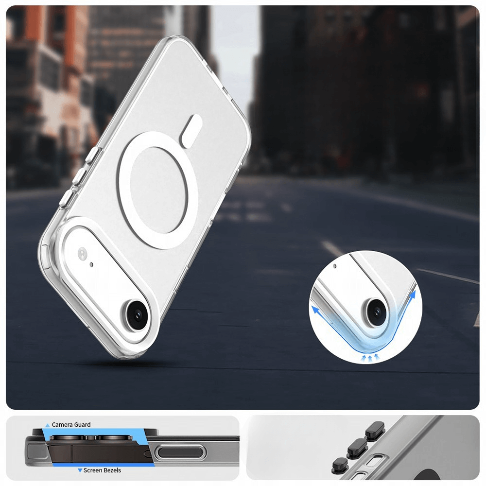 Cover-Discount iPhone 17 Air - Acryl-Handyhülle mit Magnet und Farbakzent, bietet Kamera- und Displayschutz, unterstützt kabelloses Laden und wird vor einem unscharfen Stadt-Hintergrund am Smartphone gezeigt.