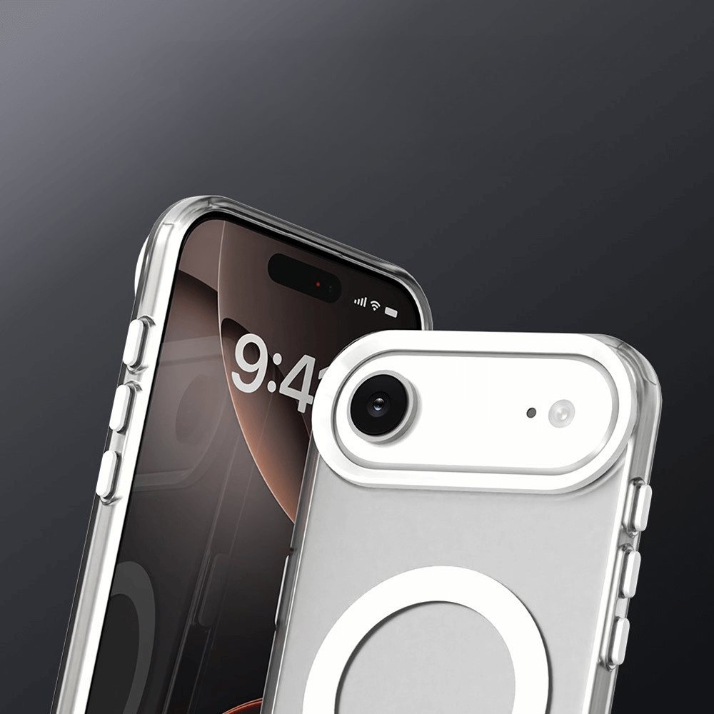 Die Cover-Discount iPhone 17 Air Acryl-Handyhülle mit Magnet und Farbakzent präsentiert sich in klaren Hüllen mit MagSafe-Ringen vor einem dunklen Farbverlaufshintergrund, ideal für kabelloses Laden.