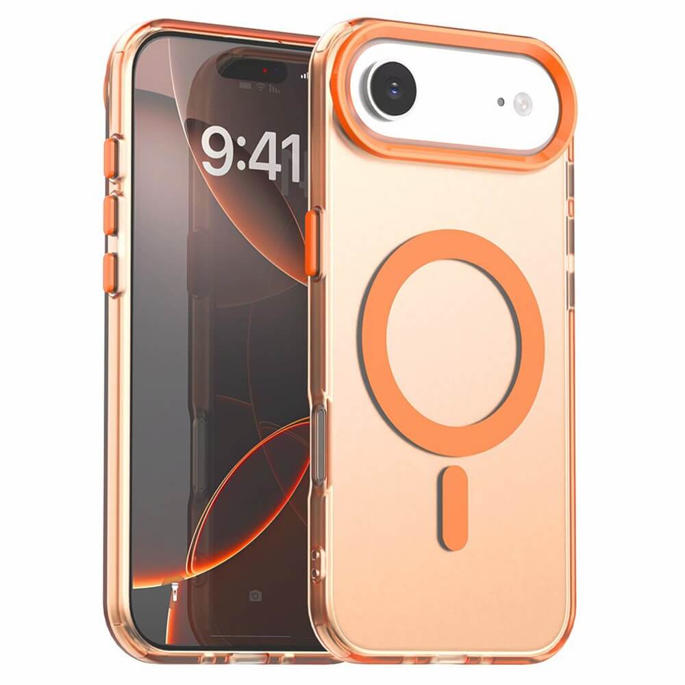 Die Cover-Discount iPhone 17 Air - Acryl-Handyhülle mit Magnet und Farbakzent in Orange bietet einen kreisförmigen MagSafe-Ring für kabelloses Laden und wird an einem Smartphone mit 9:41 Anzeige präsentiert.