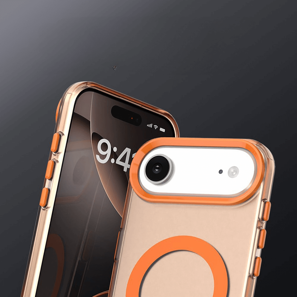 Zwei iPhone 17 Air Telefone präsentieren orange-akzentuierte Acryl-Handyhülle mit Magnet von Cover-Discount, ideal fürs kabellose Laden-einer zeigt 9:41 Uhr. Perfekt als iPhone 17 Air Hülle.