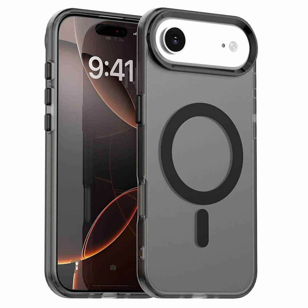 Das iPhone 17 Air steckt in der transparenten schwarzen Acryl-Handyhülle mit Magnet und Farbakzent von Cover-Discount, MagSafe-kompatibel für kabelloses Laden - zeigt Display und Rückseite.