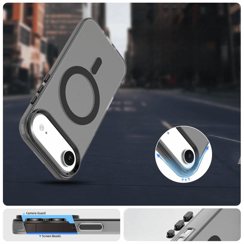 Die Cover-Discount iPhone 17 Air Acryl-Handyhülle mit Magnet und Farbakzent bietet Kamera-Guard, erhöhte Ränder, Tastenabdeckung und kabelloses Laden; im Detail sowie als Diagramm dargestellt.