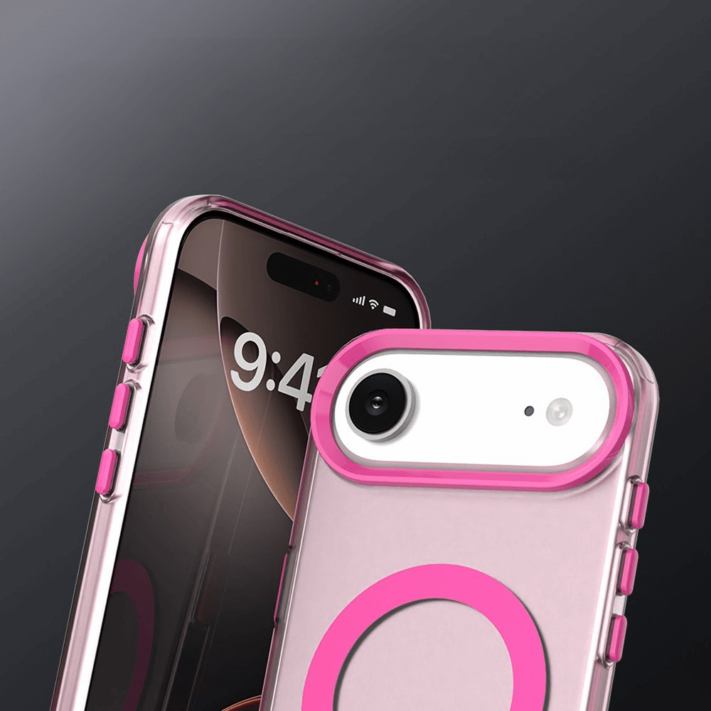 Zwei iPhones in rosa und klarer Cover-Discount iPhone 17 Air Acryl-Handyhülle mit Magnet und Farbakzent, abgebildet auf einem dunklen Farbverlaufshintergrund-ideal für kabelloses Laden.