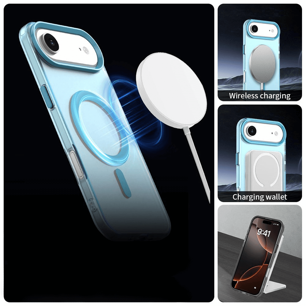 Die Cover-Discount iPhone 17 Air Acryl-Handyhülle mit Magnet und Farbakzent wird hier gezeigt - kompatibel mit kabellosem Laden: Wireless Charger, Lade-Wallet und Ladeständer sind abgebildet.