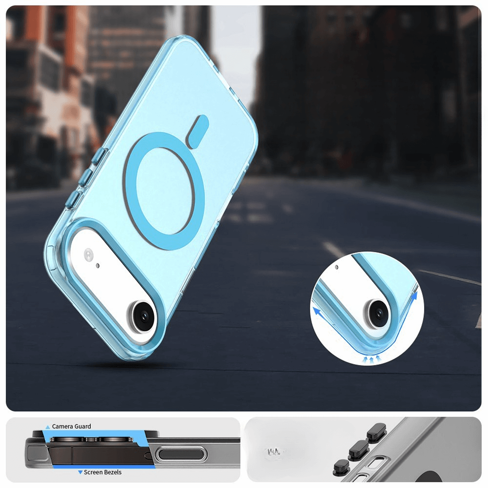 Die Cover-Discount iPhone 17 Air - Acryl-Handyhülle mit Magnet und Farbakzent wird in Blau im Close-up gezeigt, mit Kamera- und Displayschutz. Sie unterstützt kabelloses Laden und überzeugt durch starken Rundumschutz.