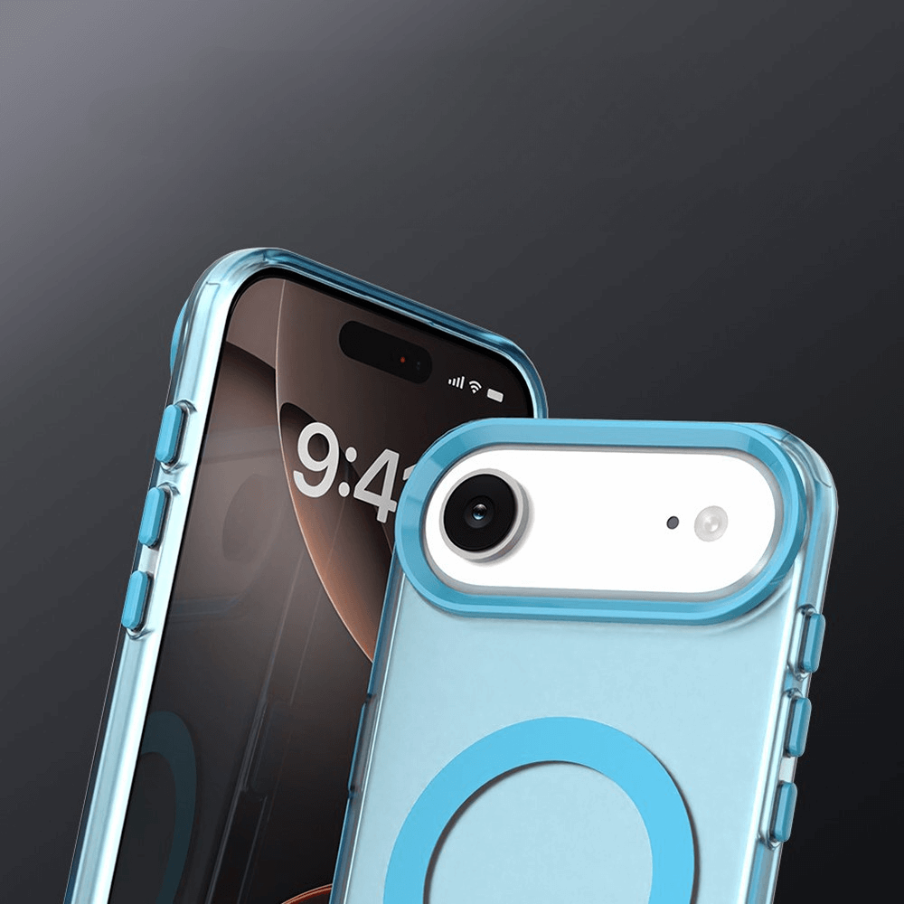 Zwei blaue iPhone 17 Air - Acryl-Handyhüllen mit Magnet und Farbakzent von Cover-Discount stehen vor dunklem Farbverlauf und sind kompatibel mit kabellosem Laden.