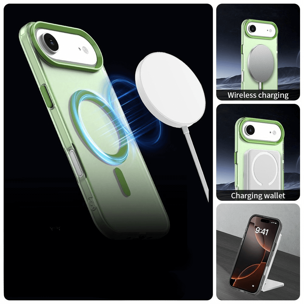 Die Cover-Discount iPhone 17 Air Acryl-Handyhülle mit Magnet und Farbakzent ist kabellose-Laden-kompatibel, gezeigt mit Wireless Charger, Wallet und Handy auf einem Ständer.