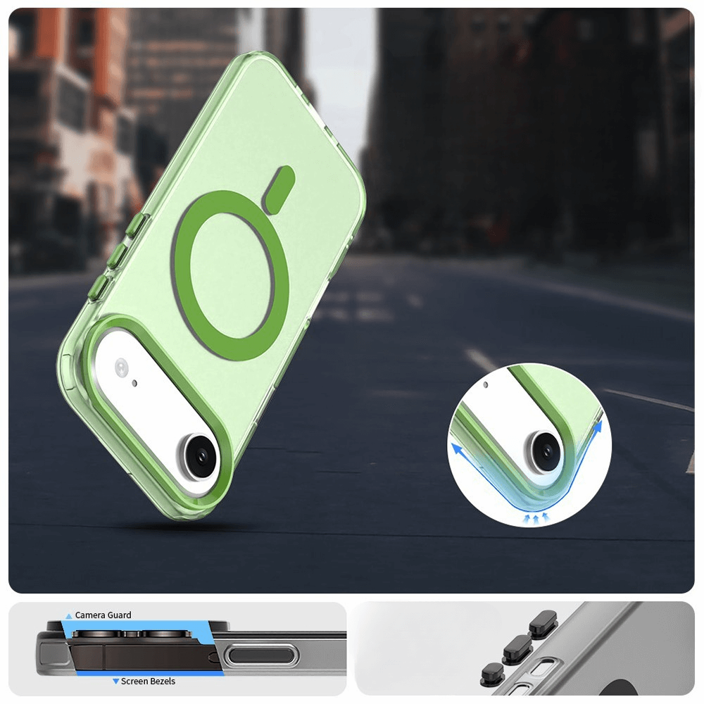 Eine iPhone 17 Air - Acryl-Handyhülle mit Magnet und Farbakzent von Cover-Discount in Grün, mit Kamera-Schutz und erhöhten Displayrändern, kompatibel mit kabellosem Laden, vor verschwommenem Stadtstraßen-Hintergrund.