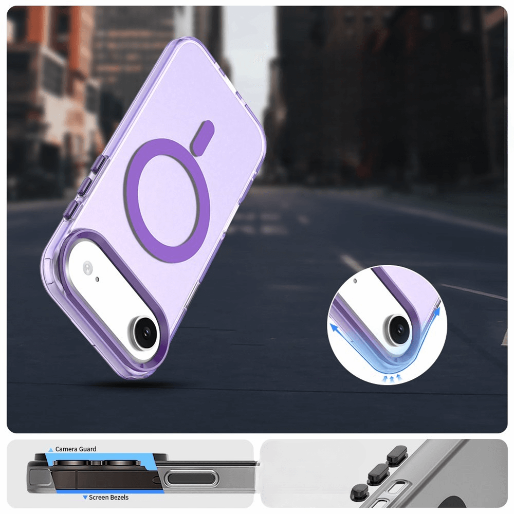 Die Cover-Discount iPhone 17 Air - Acryl-Handyhülle mit Magnet und Farbakzent in Lila bietet MagSafe-Kompatibilität, kabelloses Laden sowie Schutz für Kamera und Display.