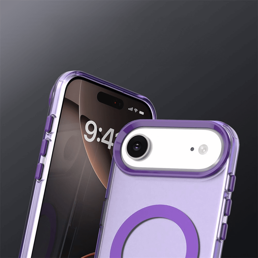 Zwei iPhone 17 Air Smartphones in lila Hüllen - eine vorne, eine hinten - jeweils mit der schlanken Cover-Discount Acryl-Handyhülle mit Magnet und Farbakzent, kabellose Ladefunktion, perfekt als iPhone 17 Air Hülle.