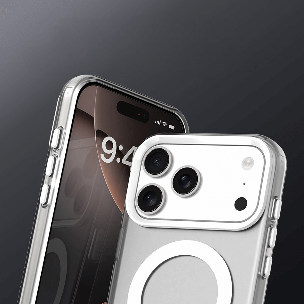 Zwei iPhone 17 Pro Smartphones mit Acryl-Handyhülle mit Magnet und Farbakzent von Cover-Discount zeigen die Frontscheibe und die drei rückwärtigen Kameras auf einem dunklen Hintergrund, der die Kompatibilität zum kabellosen Laden betont.