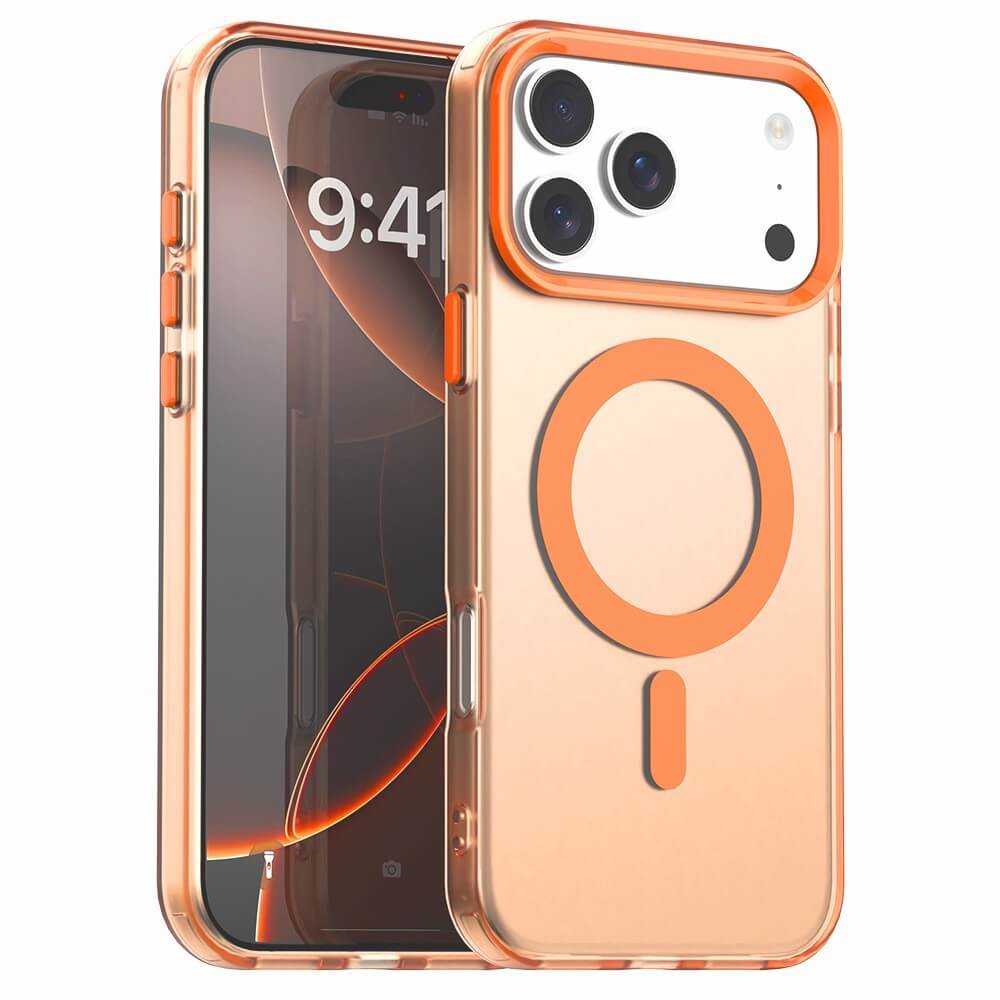 Die Cover-Discount iPhone 17 Pro - Acryl-Handyhülle mit Magnet und Farbakzent bietet kabelloses Laden, zeigt den MagSafe-Ring auf einem Triple-Kamera-iPhone mit aktiviertem Display.