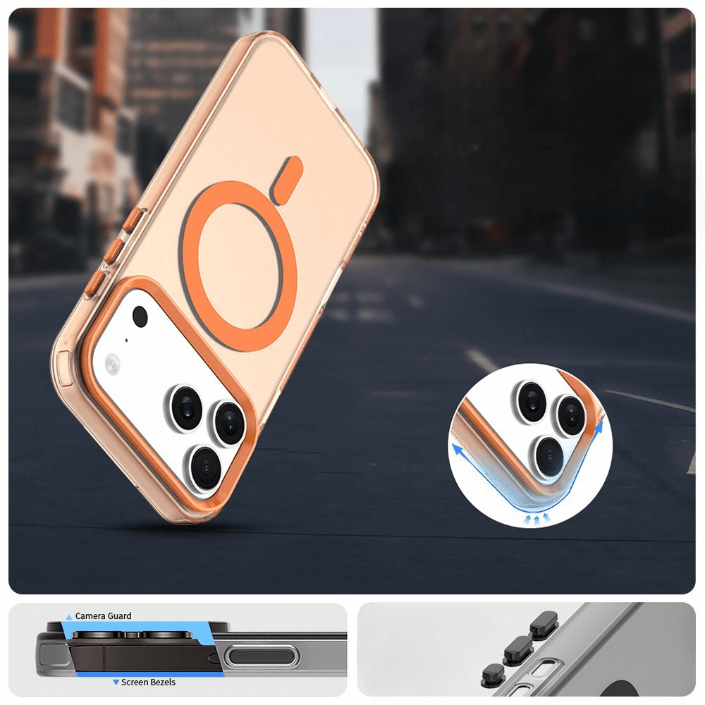 Die iPhone 17 Pro - Acryl-Handyhülle mit Magnet und Farbakzent von Cover-Discount schützt mit erhöhten Rändern und Kameraschutz, hat einen orangefarbenen MagSafe-Ring und unterstützt kabelloses Laden.