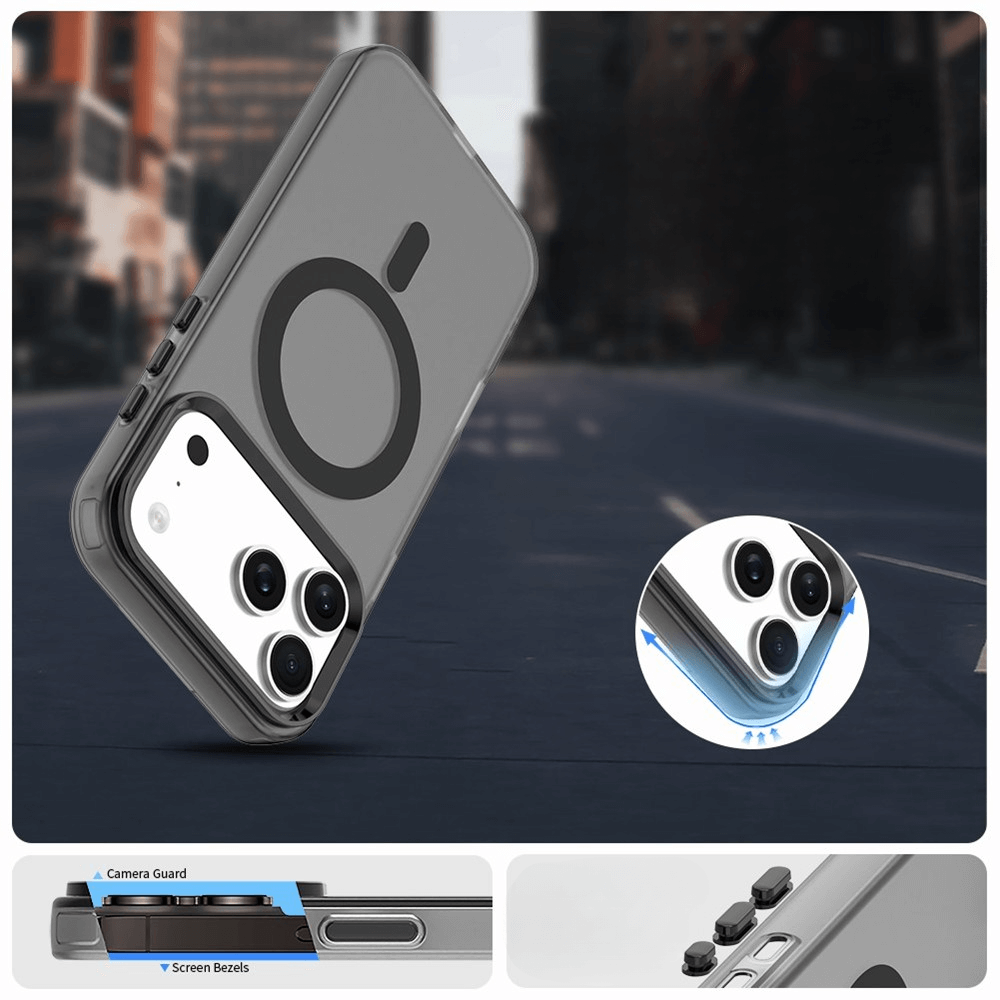 Die iPhone 17 Pro - Acryl-Handyhülle mit Magnet und Farbakzent von Cover-Discount schützt dank Kamera-Guard, MagSafe-Ring und kabellosem Laden. Das elegante Design wird aus mehreren Blickwinkeln sichtbar.