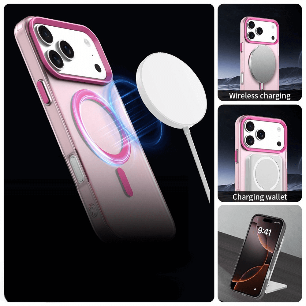 Collage eines rosafarbenen Cover-Discount iPhone 17 Pro - Acryl-Handyhülle mit Magnet und Farbakzent, zur Unterstützung von kabellosem Laden, Ladehülle und Standfunktion.
