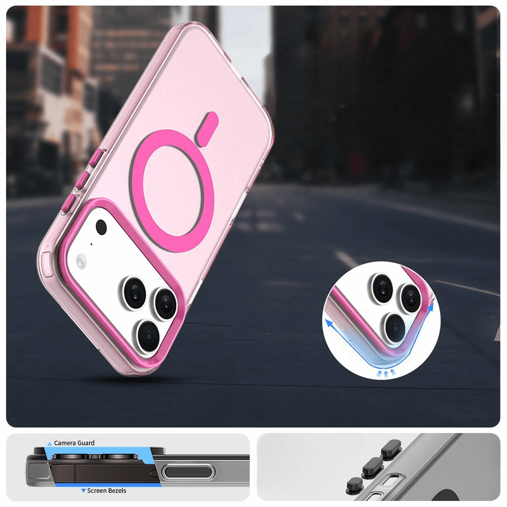 Nahaufnahme der Cover-Discount iPhone 17 Pro - Acryl-Handyhülle mit Magnet und Farbakzent, mit Kameraschutz und Bildschirmeinfassung, kabelloses Laden-kompatibel, vor einer lebendigen Stadtkulisse.