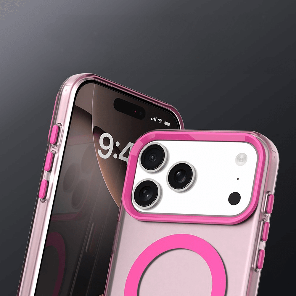 Zwei iPhone 17 Pro Smartphones in pinker und klarer Cover-Discount Acryl-Handyhülle mit Magnet und Farbakzent, mit kabellosen Laden, zeigen den vorderen Bildschirm und die hintere Kamera vor einem dunklen Hintergrund.