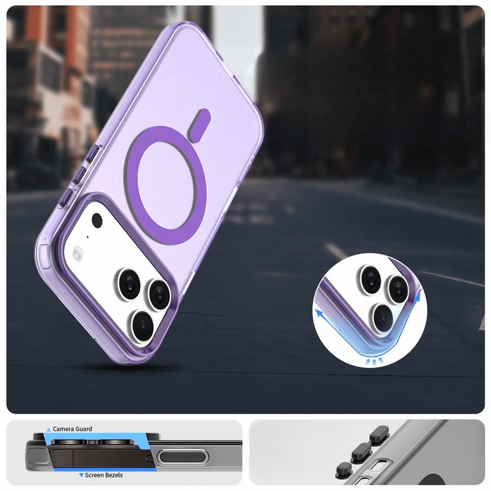 Die Cover-Discount iPhone 17 Pro - Acryl-Handyhülle mit Magnet und Farbakzent in Lila, mit MagSafe-Ring, Kamera-Schutz und erhöhten Rändern, schützt dein Handy stilvoll und ist perfekt für kabelloses Laden auf der Straße.