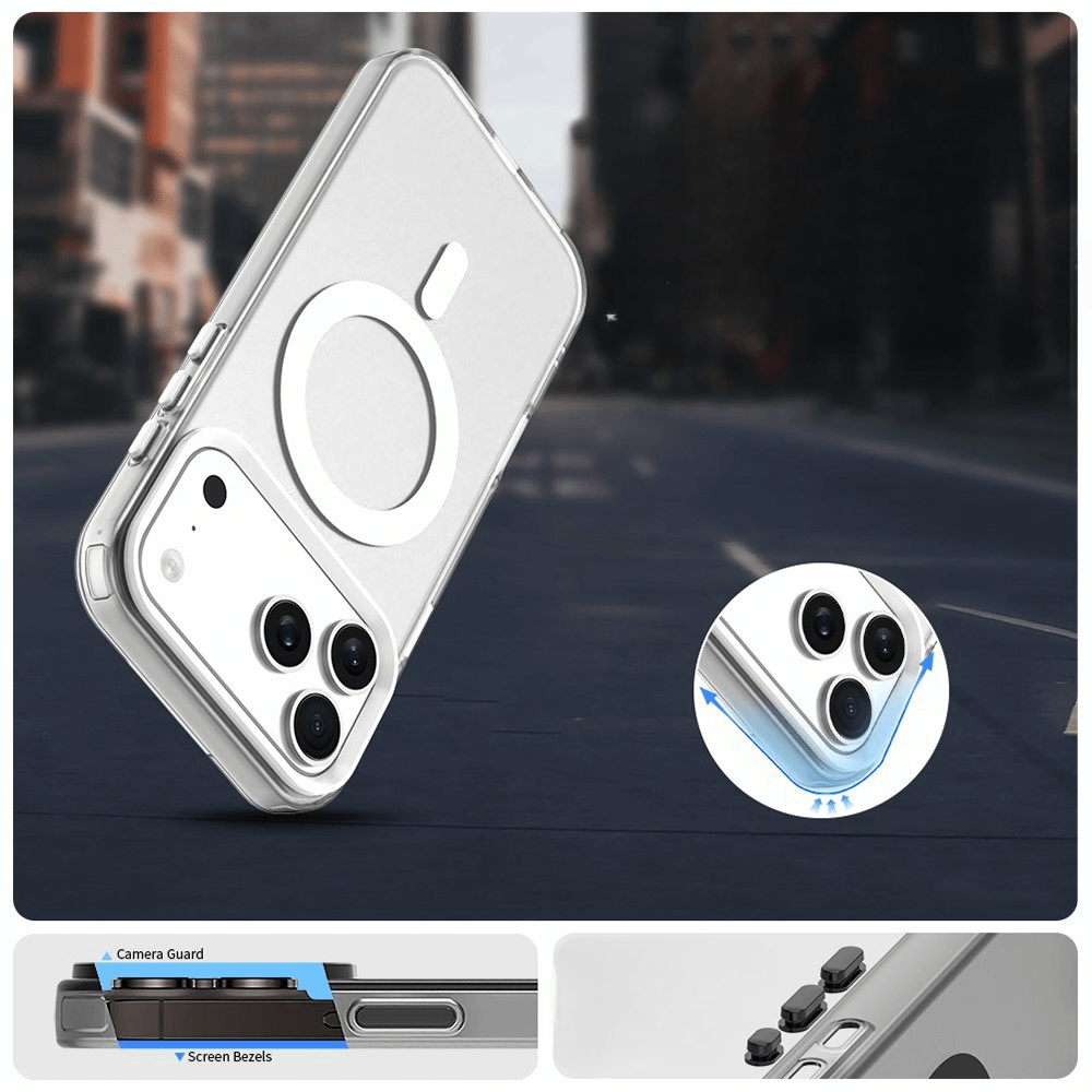 Die Cover-Discount iPhone 17 Pro Max Acryl-Handyhülle mit Magnet und Farbakzent ist transparent, unterstützt kabelloses Laden und bietet optimalen Kamera- sowie Displayschutz - ideal für maximalen Geräteschutz.