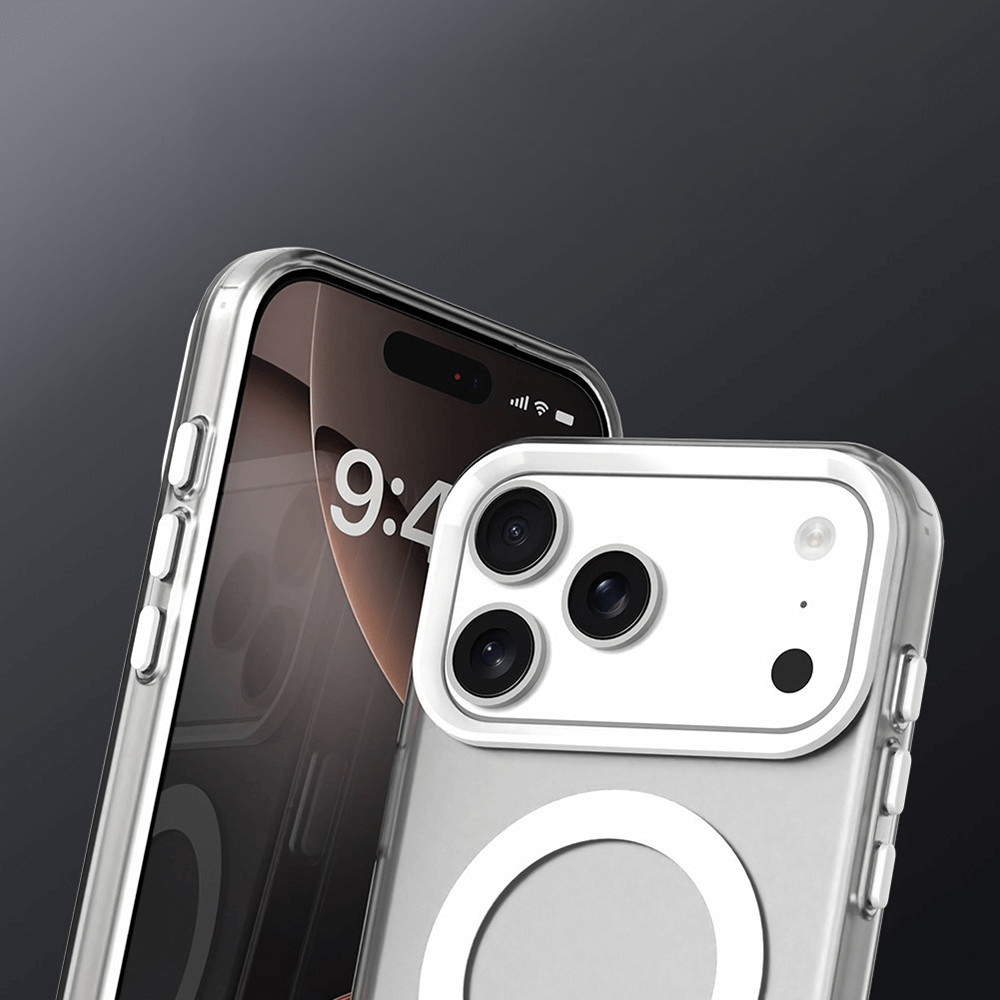 Nahaufnahme der Cover-Discount iPhone 17 Pro Max - Acryl-Handyhülle mit Magnet und Farbakzent, mit Hervorhebung des Frontdisplays, der rückseitigen Kameras und der Unterstützung für kabelloses Laden.