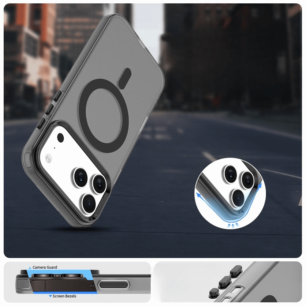 Die iPhone 17 Pro Max Acryl-Handyhülle mit Magnet und Farbakzent von Cover-Discount bietet Kamera-Schutz und MagSafe-Ring, ideal für kabelloses Laden - präsentiert vor unscharfem Stadt-Hintergrund.