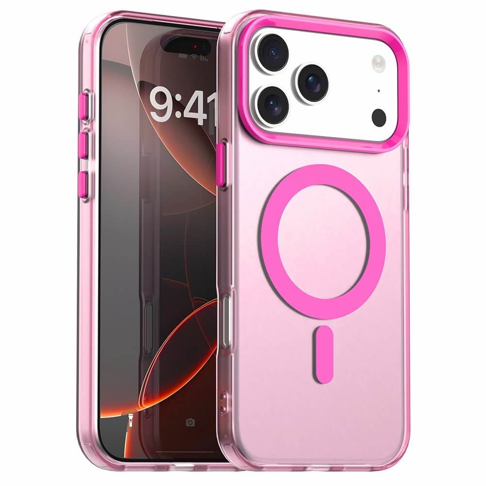 Die Cover-Discount iPhone 17 Pro Max - Acryl-Handyhülle mit Magnet und Farbakzent in Pink und Transparent verfügt über einen MagSafe-Ring zum kabellosen Laden, passend für Smartphones mit Triple-Kamera.