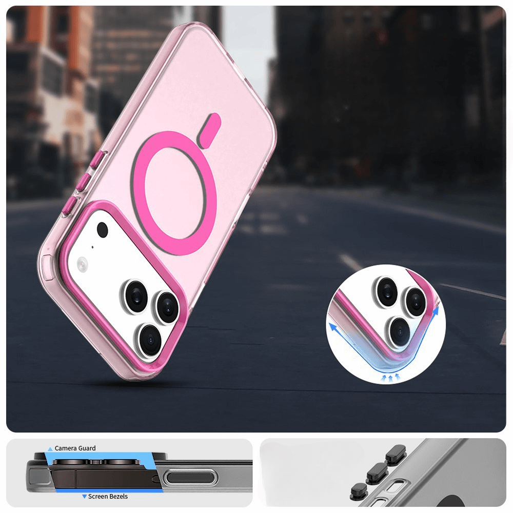 Die Cover-Discount iPhone 17 Pro Max Acryl-Handyhülle mit Magnet und Farbakzent in Pink, mit Kamera-Schutz und MagSafe-Ring für kabelloses Laden, wird im Freien am Smartphone präsentiert.