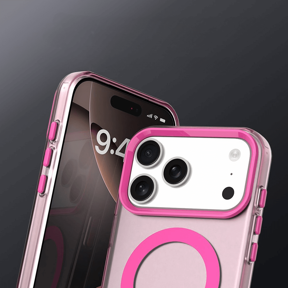 Zwei Cover-Discount iPhone 17 Pro Max Acryl-Handyhüllen mit Magnet und Farbakzent in Pink zeigen auf dunklem Hintergrund Vorder- und Rückseite mit Display- und Kameradetails; MagSafe-kompatibel, unterstützt kabelloses Laden.