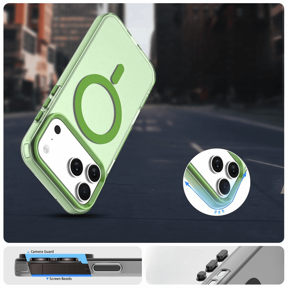 Die Cover-Discount iPhone 17 Pro Max Acryl-Handyhülle mit Magnet und Farbakzent schützt Kamera und Display, unterstützt kabelloses Laden und wird aus mehreren Blickwinkeln präsentiert.