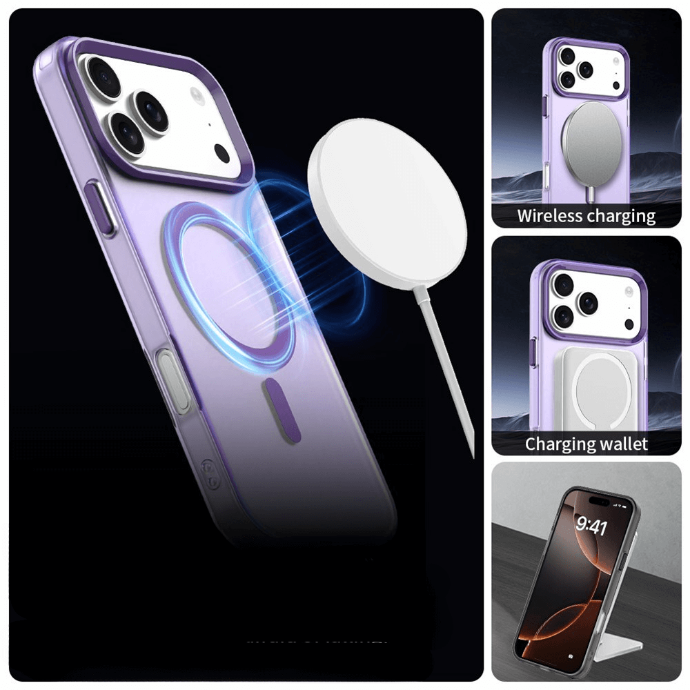 Die Cover-Discount iPhone 17 Pro Max - Acryl-Handyhülle mit Magnet und Farbakzent ermöglicht kabelloses Laden, die Nutzung einer Lade-Wallet und das Aufstellen des Handys auf einem Tischständer.