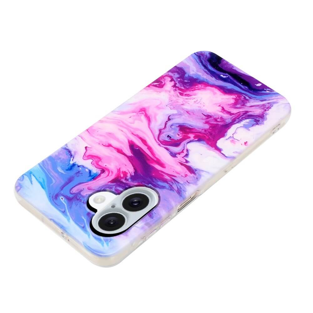 Veredeln Sie Ihr iPhone 17 mit der Cover-Discount Silikon Hülle mit Marble Motiv, die mit rosa, lila und blauen Wirbeln auf weißem Hintergrund für stilvollen Schutz sorgt.
