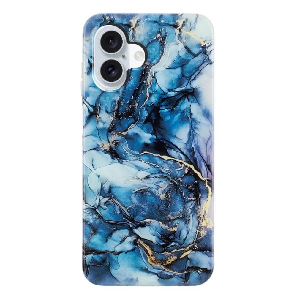 Die Cover-Discount iPhone 17 - Silikon Hülle mit Marble Motiv in Blau und Gold bietet eleganten Schutz mit passender Dual-Kamera-Aussparung oben links.