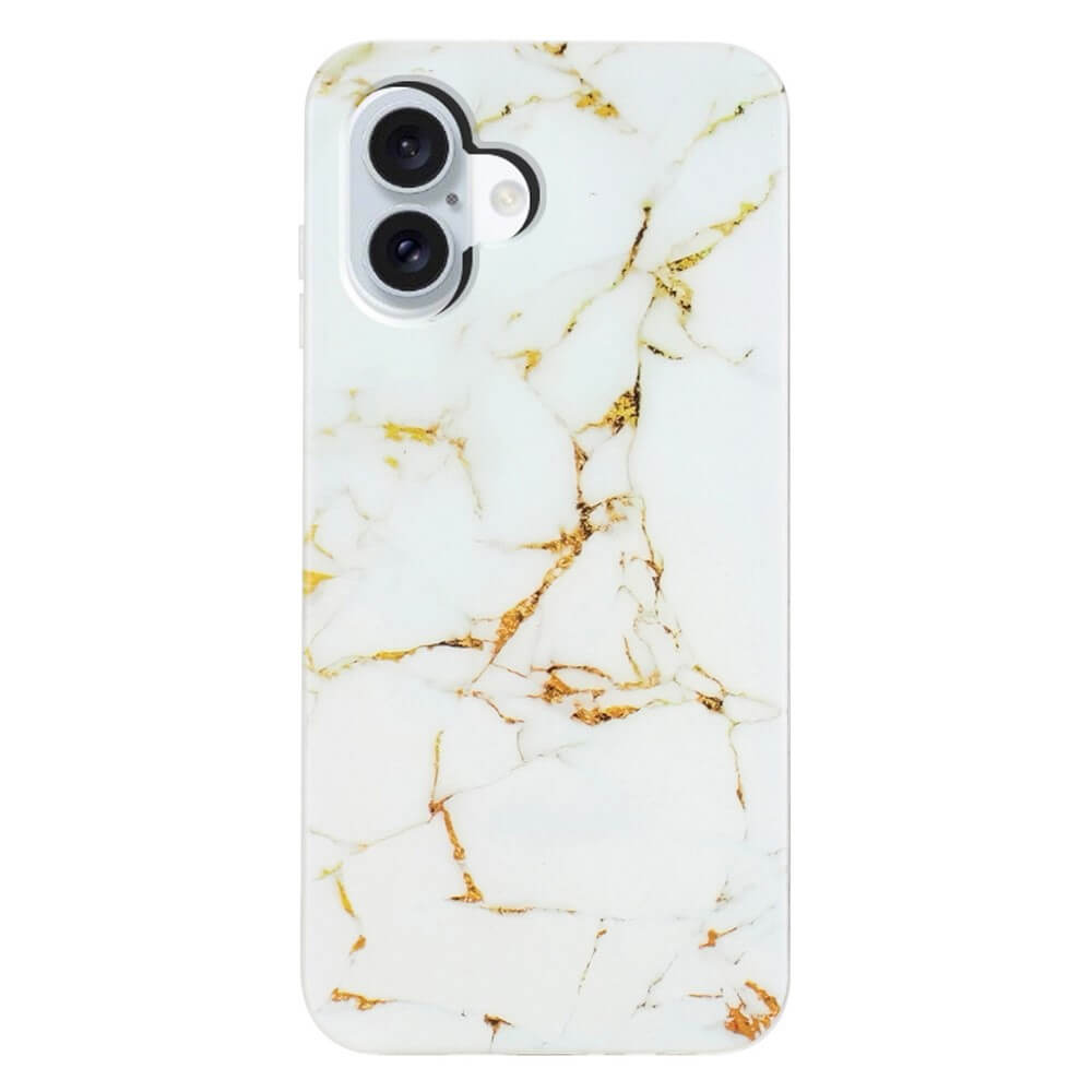 Die iPhone 17 - Silikon Hülle mit Marble Motiv von Cover-Discount ist in elegantem Gold-Marmor-Design gehalten und schützt dein Gerät stilvoll. Die Rückansicht auf neutralem Hintergrund zeigt die hochwertige Handyhülle.