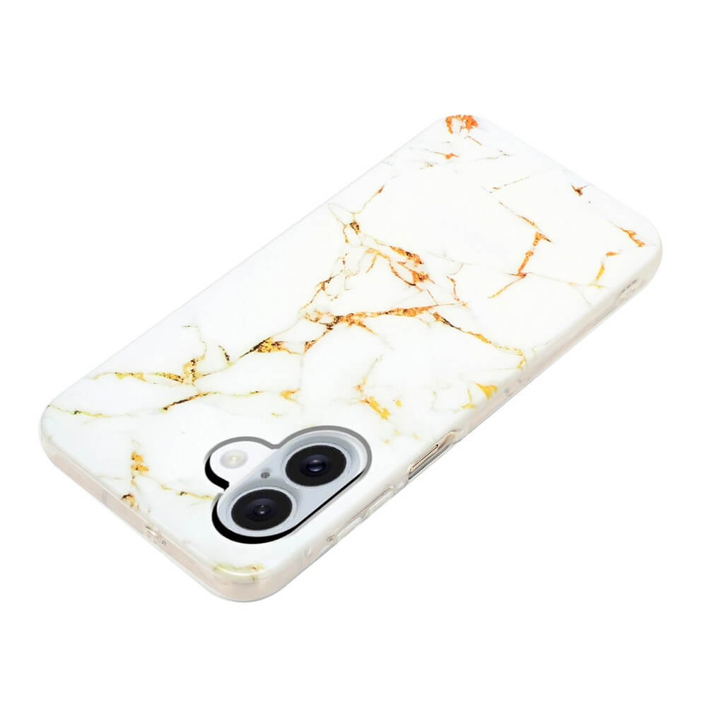 Die Cover-Discount iPhone 17 - Silikon Hülle mit Marble Motiv bietet stilvollen Schutz in Weiß mit goldfarbenem Marmordesign - passgenau für dein Smartphone.