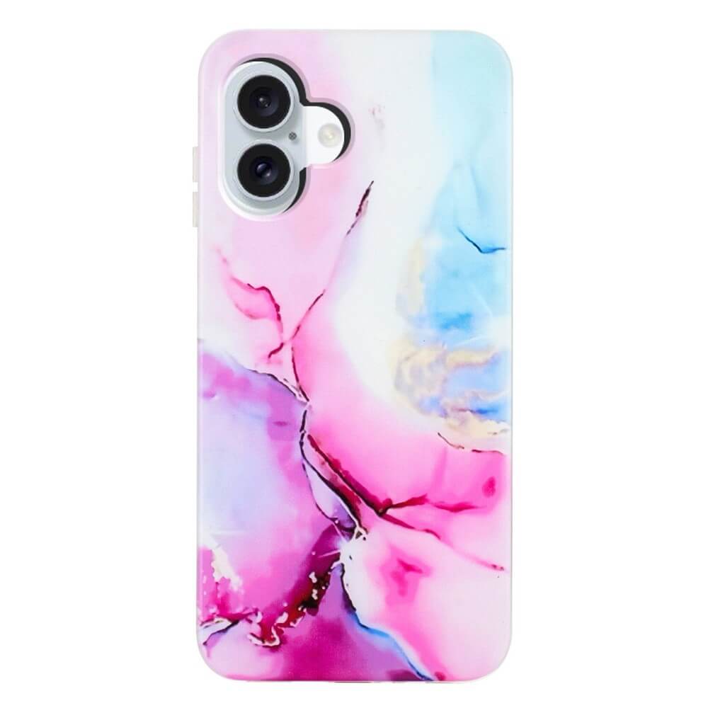 The Cover-Discount iPhone 17 - Silikon Hülle mit Marble Motiv schützt dein Handy stilvoll mit pink, lila und blauem Marmor-Design und zwei Kamera-Aussparungen.