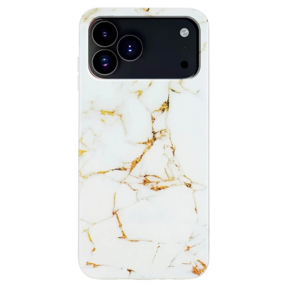 Die iPhone 17 Pro - Silikon Hülle mit Marble Motiv von Cover-Discount hat ein weißes Marmordesign mit goldenen Akzenten, ist aus TPU gefertigt und passt für das iPhone 17 Pro mit drei rückseitigen Kameralinsen.