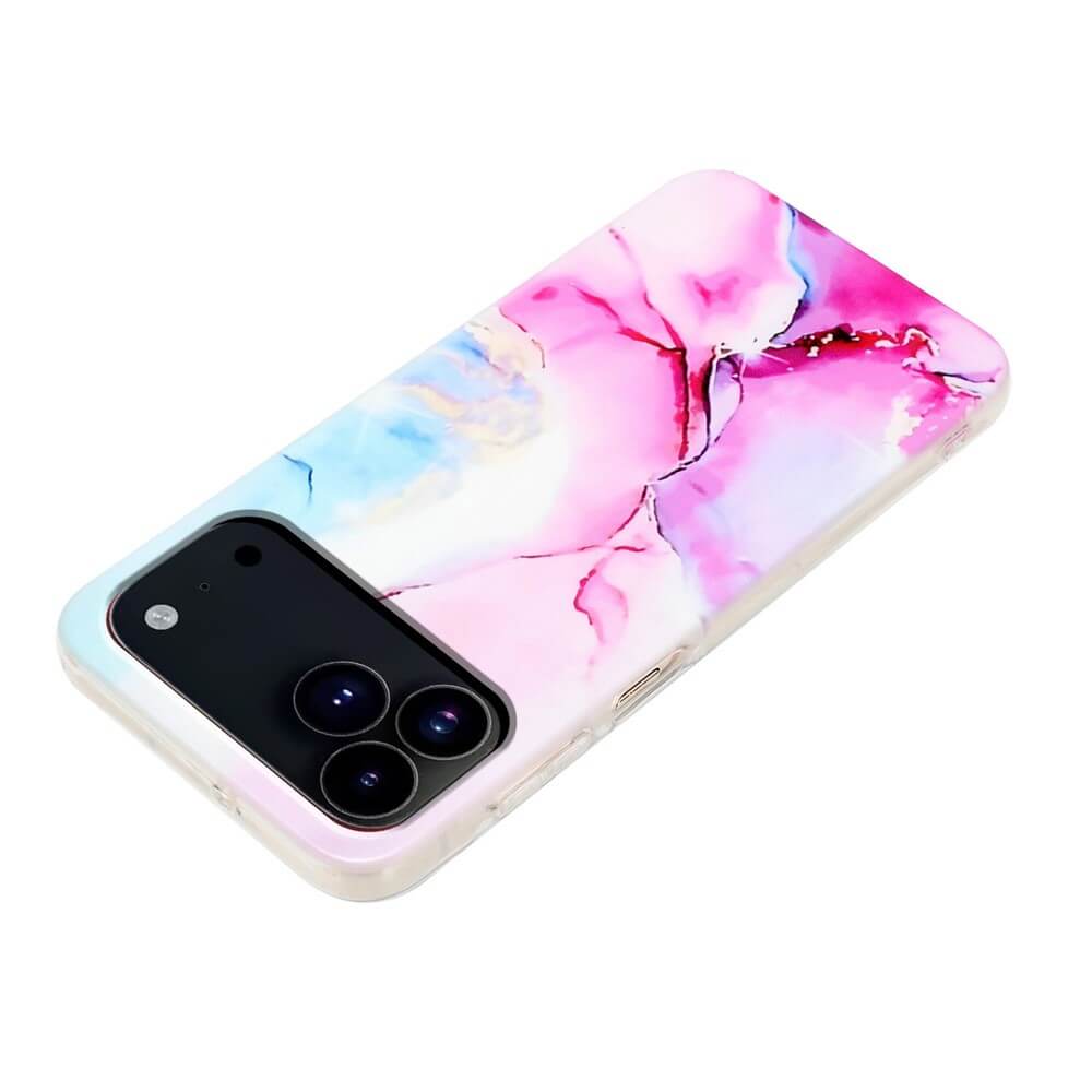 Cover-Discount iPhone 17 Pro - Silikon Hülle mit Marble Motiv in Pink, Blau und Weiß mit TPU Schutz, Kameraobjektiv nach oben zeigend.