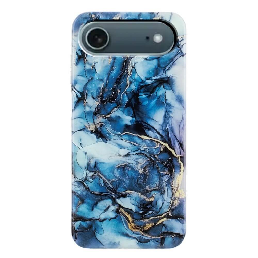 Cover-Discount iPhone 17 Air Silikon Hülle mit Marble Motiv in Blau und Weiß, schützende Smartphonehülle mit goldfarbenen Akzenten.