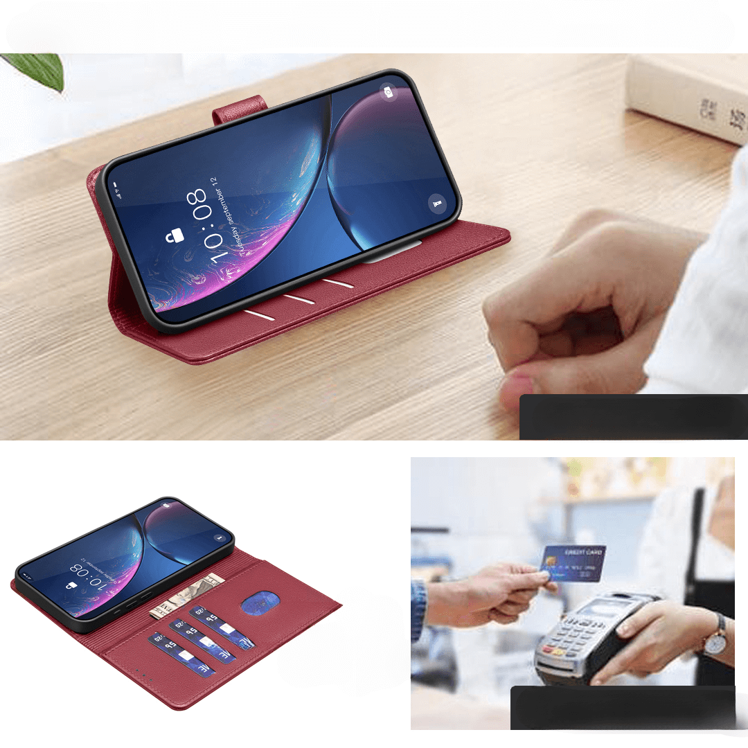 Das iPhone 17 Pro in einer roten BINFEN Color Leder Etui Hülle mit RFID-Blocker und Kreditkartenschlitzen ermöglicht kontaktloses Bezahlen an Kartenlesegeräten.