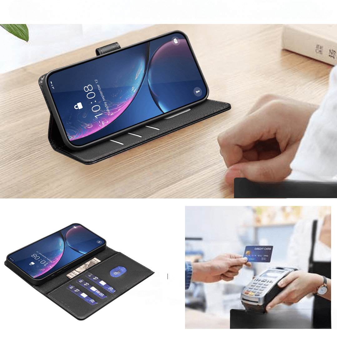 Während jemand mit Kreditkarte bezahlt, wird in der Nähe ein iPhone 17 Pro Max in der eleganten BINFEN Color Leder Etui Hülle mit RFID Blocker angezeigt.