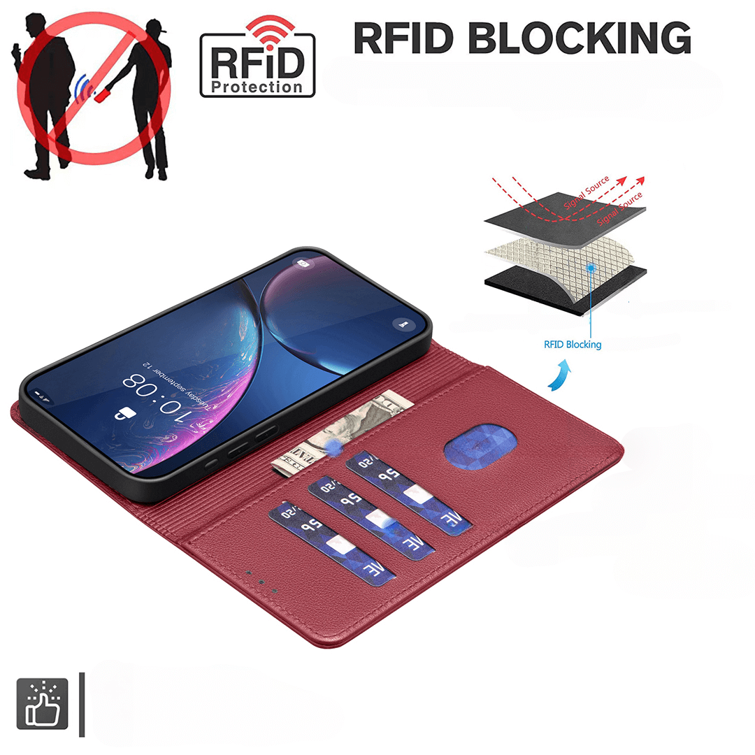 Die BINFEN Color iPhone 17 Pro Max - BINFEN Leder Etui Hülle mit RFID Blocker ist geöffnet und zeigt Kartenfächer und ein Schichtdiagramm, das die RFID-Schutzfunktionen hervorhebt.