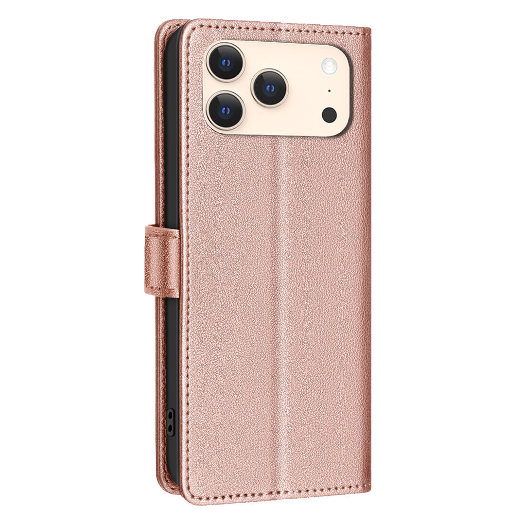 Die BINFEN Color iPhone 17 Pro Max - Leder Etui Hülle in Roségold schützt dank RFID Blocker vor Datendiebstahl und passt perfekt für Triple-Kamera-Smartphones. Klappdeckel bietet zusätzlichen Schutz.