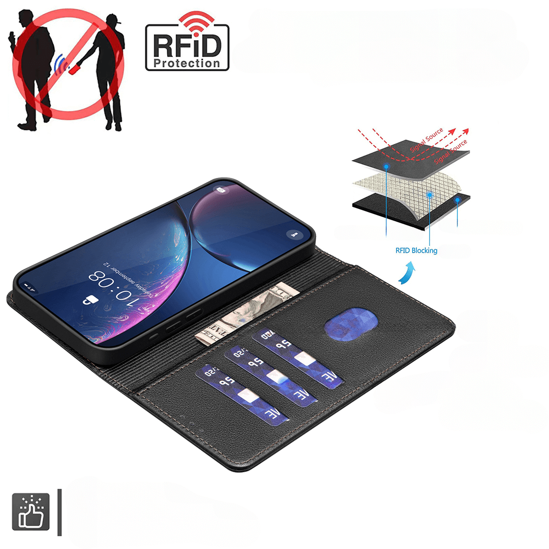 #farbe_schwarz|Die BINFEN Color iPhone 17 - BINFEN Leder Etui Hülle verfügt über einen RFID-Blocker, Kartenfächer, ein Bargeldfach und eine Diebstahlwarnung und bietet so sicheren und stilvollen Komfort in einem integrierten Portemonnaie-Design.