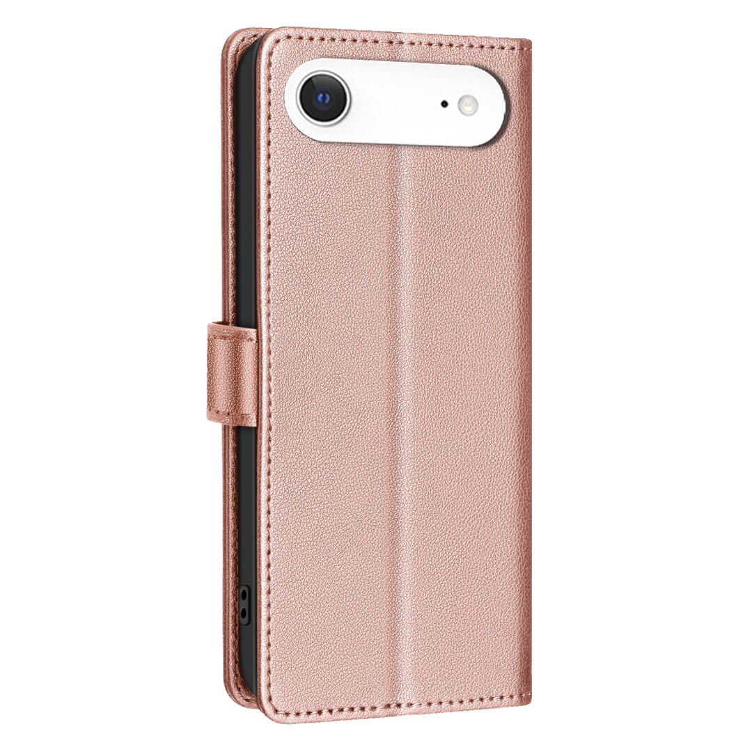 Die roségoldene BINFEN Color iPhone 17 Air Leder Etui Hülle mit RFID-Blocker kombiniert Stil und Sicherheit und hält Ihr Smartphone sicher im Inneren, während es aufrecht steht.