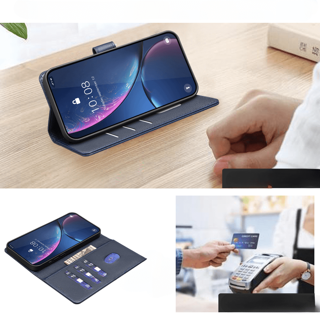 Ein iPhone 17 Air in einer BINFEN Color BINFEN Leder Etui Hülle mit RFID Blocker Brieftasche, mit Kreditkarten darin, und eine Person, die eine Karte an einem Zahlungsterminal benutzt.