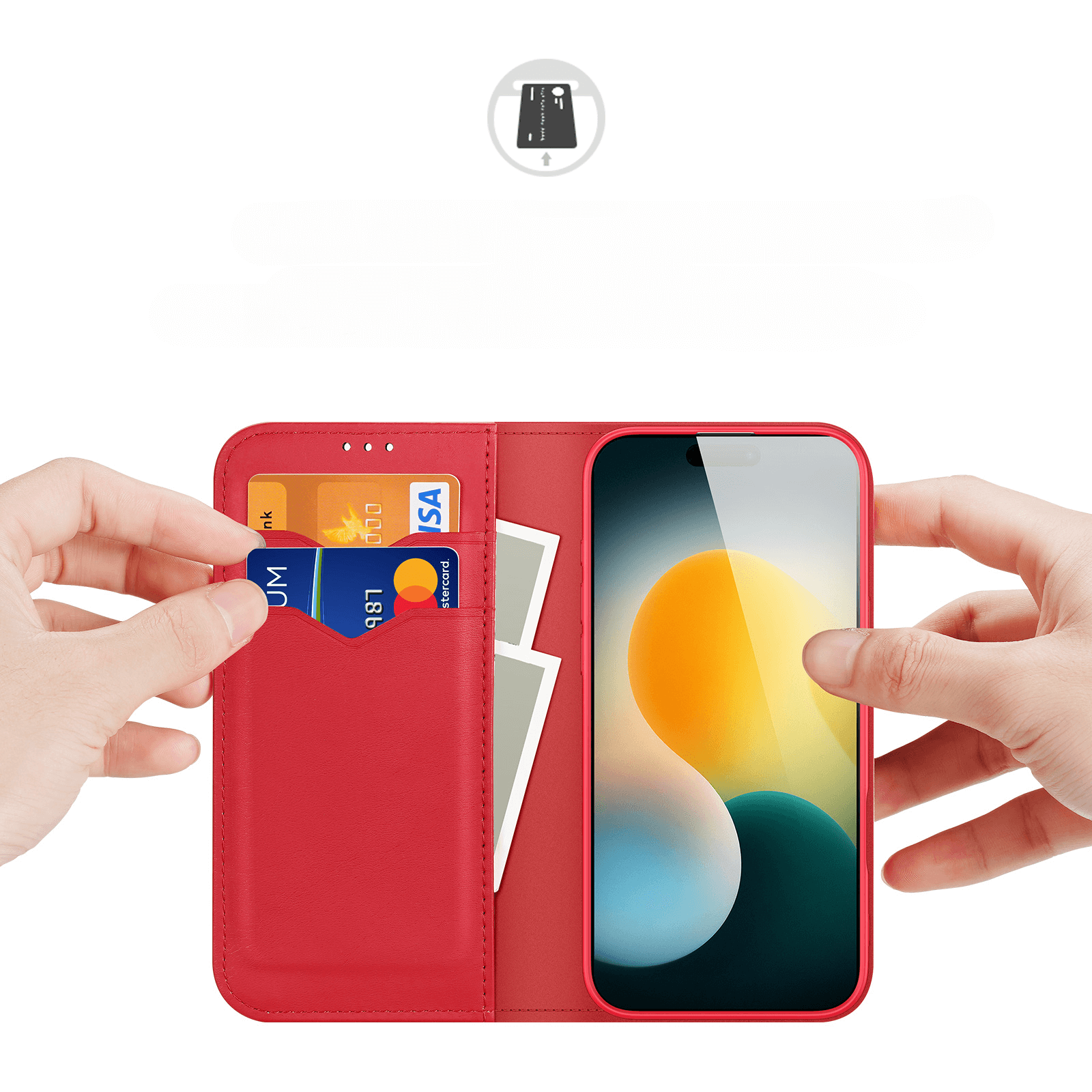 Die Dux Ducis iPhone 17 Pro HIVO Etui Tasche in rotem Echtleder verfügt über einen RFID-Schutz und bietet Platz für Karten, Bargeld und Ihr Telefon - eine elegante All-in-One-Brieftasche.