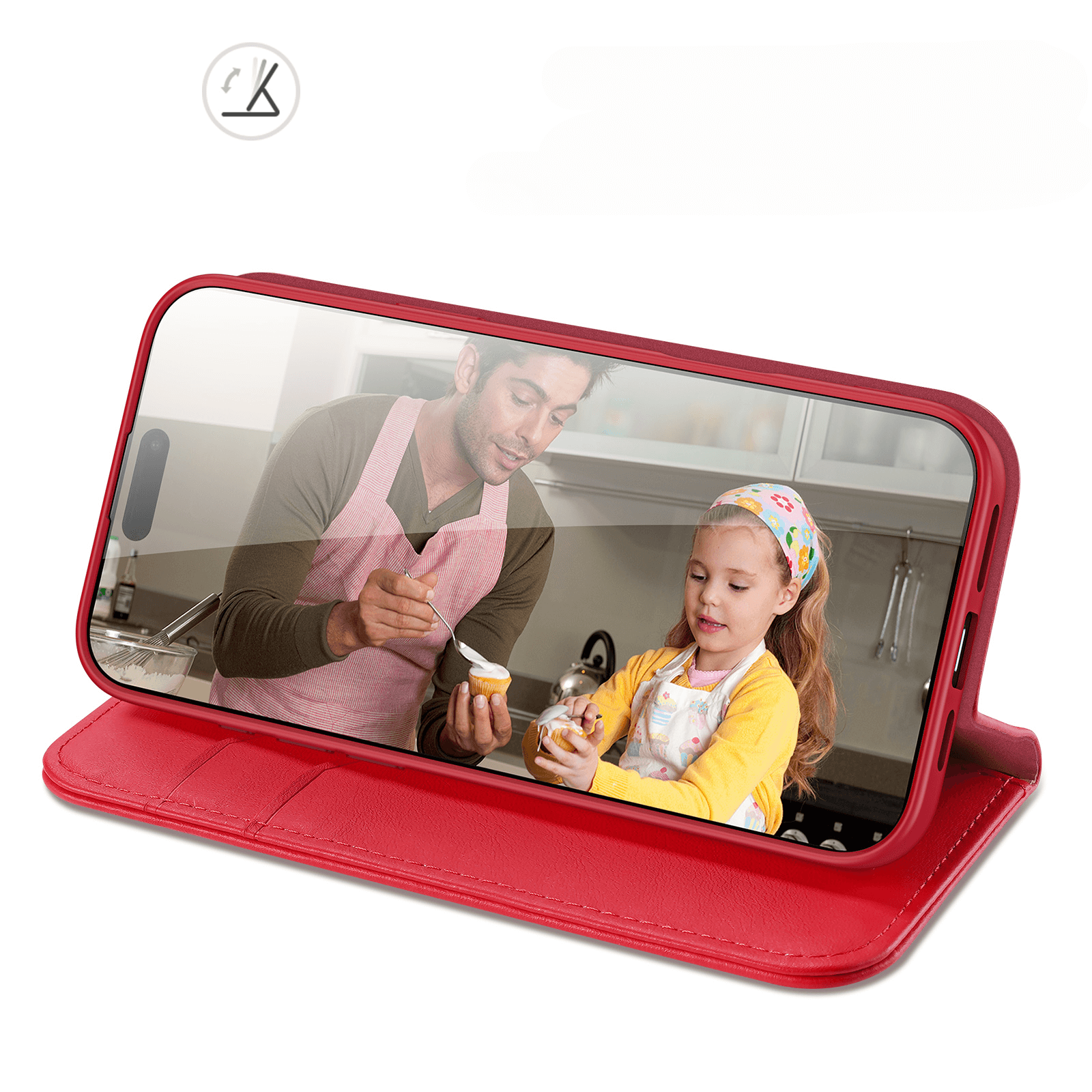 Das Dux Ducis iPhone 17 Pro - DUX DUCIS HIVO Etui aus Echtleder schützt dein Smartphone mit RFID-Schutz und zeigt auf dem Display einen Mann und ein Kind beim Kochen.